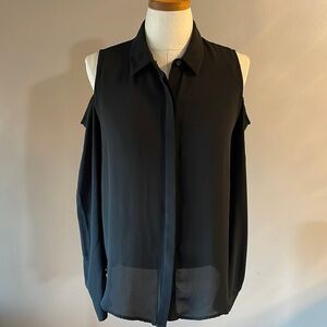 LUMIERE women’s cold shoulder long sleeve button down black blouse minimalist Sm